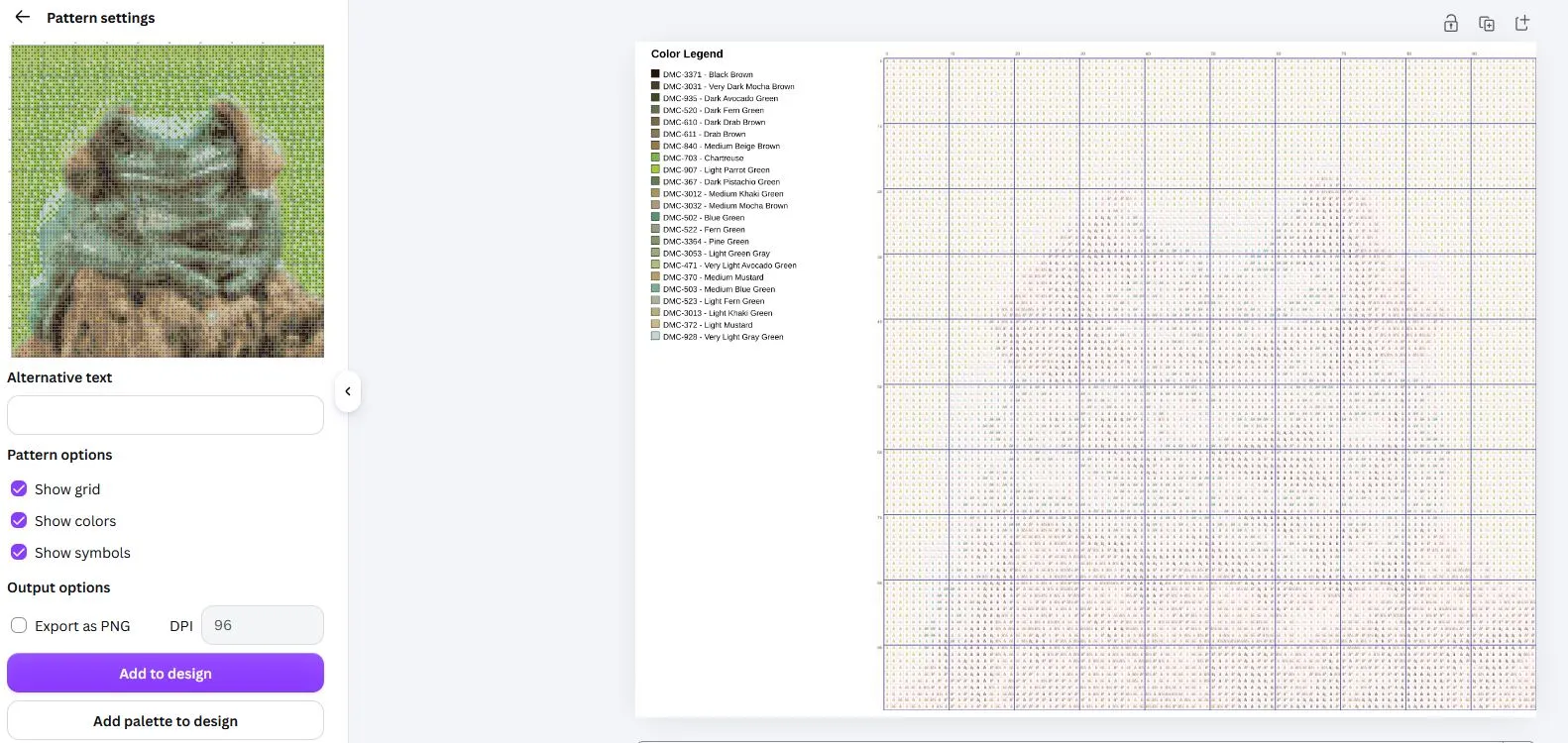 Example of a cross stitch pattern generated in Canva